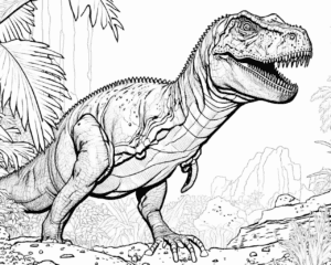 Omaľovánka tyranosaura s otvorenou papuľou plnou zubov medzi palmami a skalami